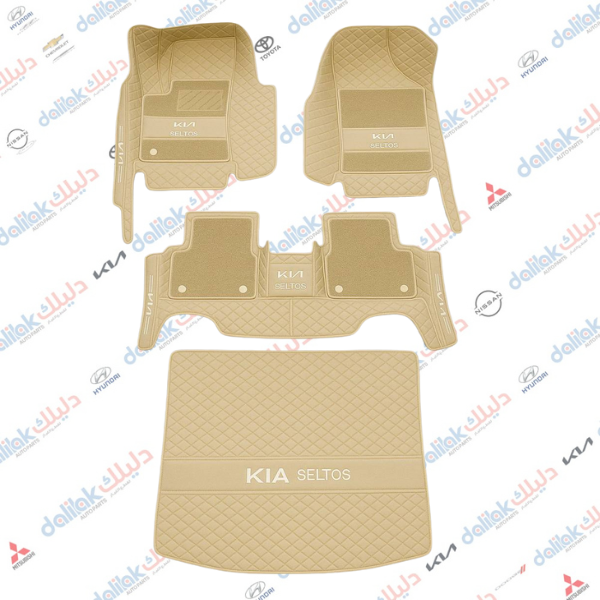 ارضيات 5 قطع جلد مع كاربد مع دوسة كيا سيلتوز اسود-بيجي